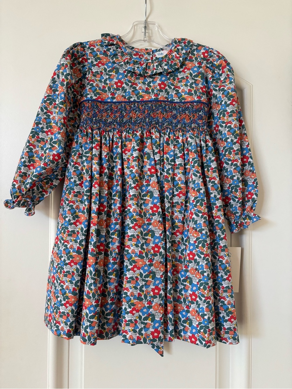 Girls Floral Smocked Long-Sleeve Dress in Blue and Red